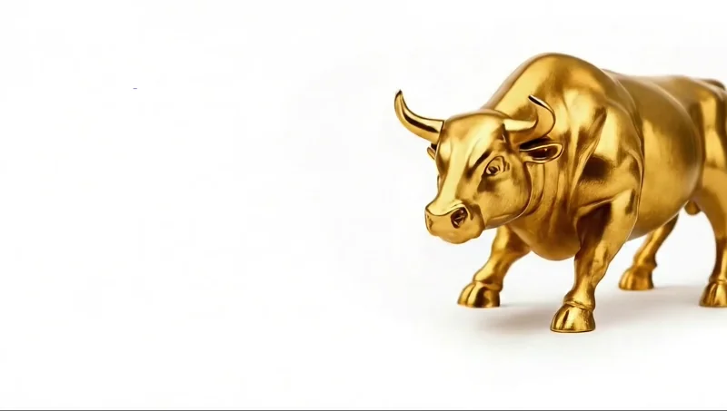 A cinematic rendering of a bull made of abstract, technological shapes, symbolizing power and the financial market.